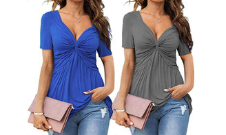 2405 NEW Women's V-neck front twisted shirt short sleeved casual T-shirt solid color pullover twisted top 8475LA