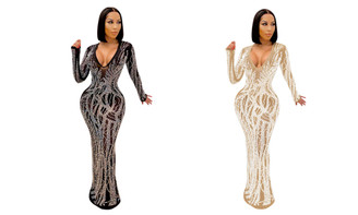 2406 NEW V-neck sexy diamond inlaid perspective mesh sparkling dress dress LA8647