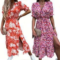 2408 New Summer V-neck printed dress long skirt LA8928