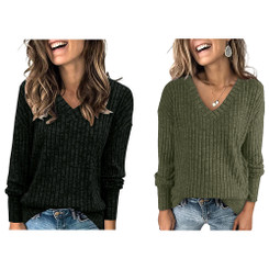 2410NEW-Long Sleeve V-Neck Ribbed Brushed Knit Top 8777