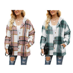 2411 New Ladies' plaid hooded casual loose shirt jacket 8992