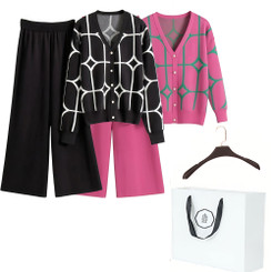 NEW  2507 ELLA  Fashion Slimming Knitted V-Neck Cardigan Wide Leg Pants Two-Piece Set Gift Bag 9536