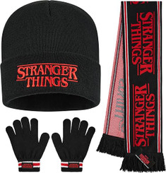 Stranger Things Beanie Hat, Winter Gloves & Scarf Set for Boys & Teens, 3 Pcs Knitted Winter Accessories, Warm Gifts for Him