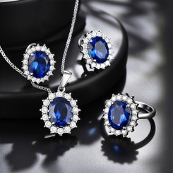NEW 2512 Royal Sapphire Style Jewelry Set - Cubic Zirconia Necklace, Earrings & Ring Three-Piece Set for Women B011