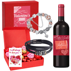 Valentine’s Day Luxury Couple Gift Box with Wine, Charm Bracelet & Leather Bracelet