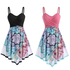 NEW 2604 Women's Vacation Floral Spliced Spaghetti Strap Irregular Hem Sundress  Y075