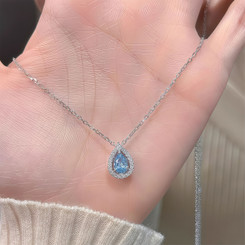 NEW 2605 925 Fine Silver "Tear of the Ocean" Blue Sapphire Necklace Romantic Tear-Shaped Halo Pendant Jewelry J151