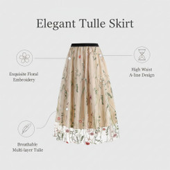 NEW 2605 Women Floral Embroidered Tulle Midi Skirt, Elastic High Waist A-Line Double Layer Mesh Skirt J159