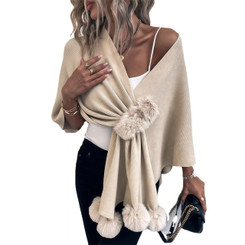 NEW 2605 Women Winter Knitted Poncho Shawl, Faux Fur Pom Poms Cross Wrap, Warm Cape for Dresses Coat Wedding Office J160