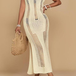 NEW 2606 Women's Knitted Beach Cover Up Dress Round Neck Hollow Out Swimsuit Cover Up with Side Slit B173