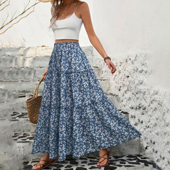 NEW 2606  Blue Floral Tiered Maxi Skirt Womens Casual Drawstring Waist Long Summer Skirt Y138