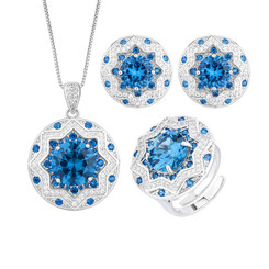 NEW 2607   Round Blue Spinel Luxury Jewelry Set Necklace Earrings Adjustable Ring Y170