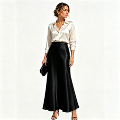 Women's High Waist Satin Maxi Skirt – Elegant Flowy Long Skirt Black