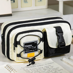 NEW 2608 Large Capacity Multi-Pocket Pencil Case with Pen Slots & Zip Compartments Cream & Black B240