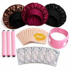 NEW 2609 22-Piece Beauty & Hair Care Set – 3 Satin Sleep Bonnets, 3 Heatless Curling Rods, V-Line Face Wrap, 10 Gold Lip Masks & 5 Pairs of Under-Eye Patches B253