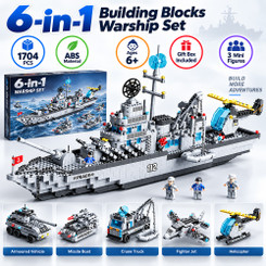 NEW 2609 6-in-1 Military Warship Building Blocks Set, 1704PCS Battleship Construction Toy with Helicopter, Jet, Tank & 3 Figures, STEM Gift for Kids 6+ B266