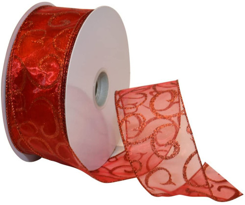 Red Sparkle Swirl on Red Sheer Wide Wired Ribbon 50 yards