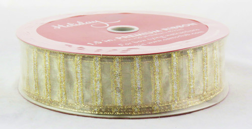 Shop now for Silver and Gold Sparkle Stripe on Sheer Champagne Gold 1.5 inches Wide Wired RIbbon 50 yards