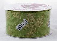 Gold Sparkle Pinecone on Green Burlap Wide Wired Ribbon 25 yards