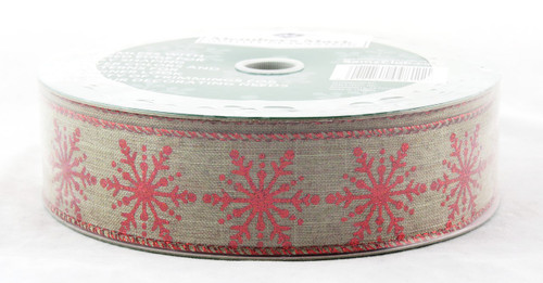 Click here to buy Red Sparkle Snowflake on Natural Burlap Wired Ribbon 50 yard
