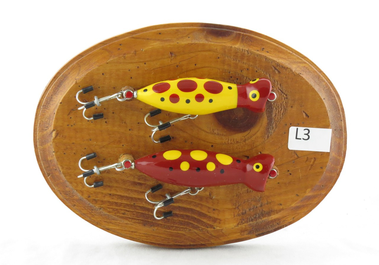 Handmade Fly Fishing Lures Wall Plaque Double Lure Yellow Red on Stained  Oval