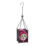 Day of The Dead Painted Lady Skull Glass Hanging Lantern Candleholder