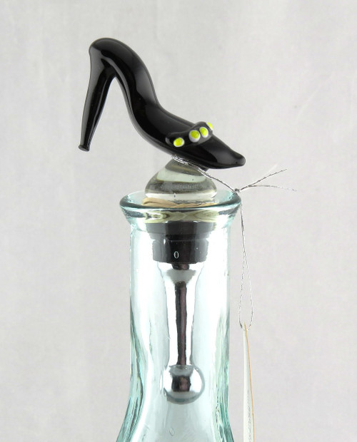 Black High Heel Ladies Shoe Art Glass Metal Bottle Topper