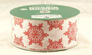Red Sparkle Snowflakes on White Satin Wide Wired Ribbon 50 yards