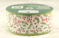 Holly Berry Branches on White Linen Wide Wired Ribbon 50 yards