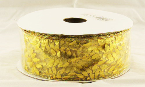 Gold Metallic Vine on Sheer Wide Wired Ribbon 50 Yards