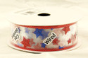 Red White Blue Stars on Sheer White Wired Ribbon 25 Yards