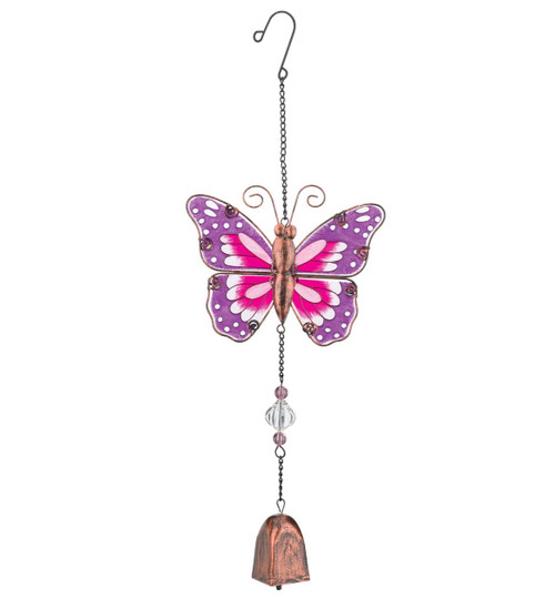 Pink Butterfly Hand Painted Glass Metal Ornament Hanging Garden Bell
