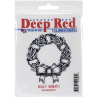 Holly Wreath Rubber Cling Stamp Deep Red