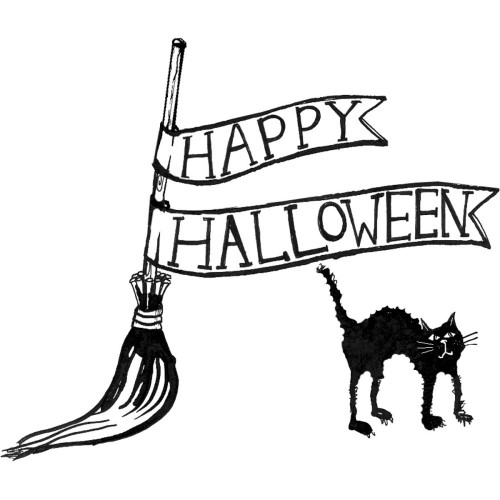 Witches' Broom & Cat Happy Halloween Rubber Cling Stamp Gourmet
