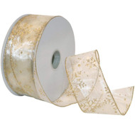 Gold Sparkle Snowflake on Sheer Ivory Wide Wired Ribbon 50 yards