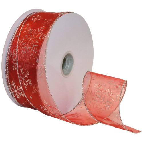 Silver Sparkle Snowflake on Sheer Red Wide Wired Ribbon 50 yards