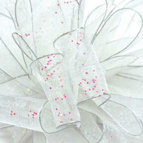 Cosmic Iridescent Sparkle on Sheer White Wired Ribbon 25 Yards