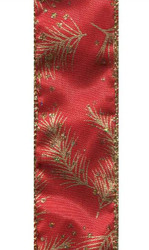 Pine Boughs Gold on Red Satin Wired Ribbon 25 Yards