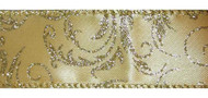 Gold Sparkle Vines on Gold Satin Bethany Wide Wired Ribbon 50 yards