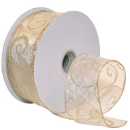 Gold Sparkle Swirls on Sheer Ivory Wide Wired Ribbon 50 yards