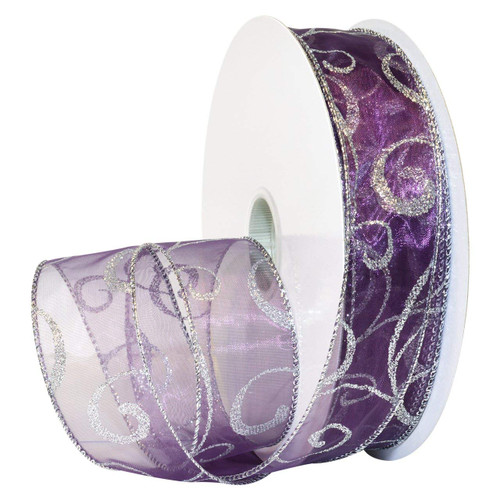 Silver Sparkle Swirls on Sheer Purple Wide Wired Ribbon 50 yards