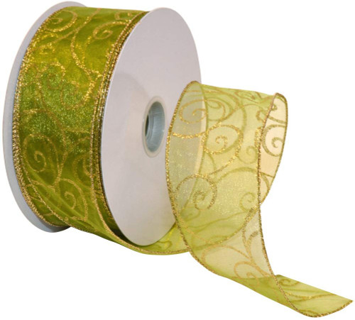 Gold Sparkle Swirls on Sheer Spring Green Wide Wired Ribbon 50 Yards