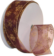 Gold Sparkle Snowflake on Sheer Burgundy Wide Wired Ribbon 50 yards