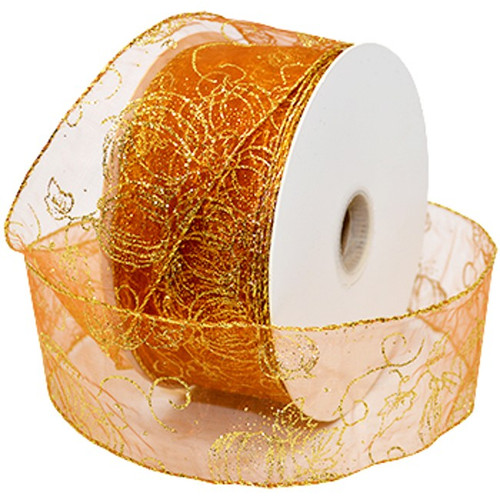 Gold Sparkle Pumpkins on Sheer Bronze Wide Wired Ribbon 50 yards