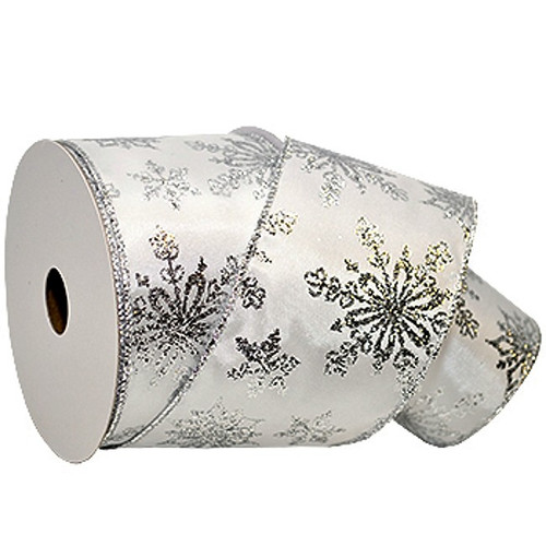 Silver Sparkle Snowflake on Solid White Wide Wired Ribbon 33yd