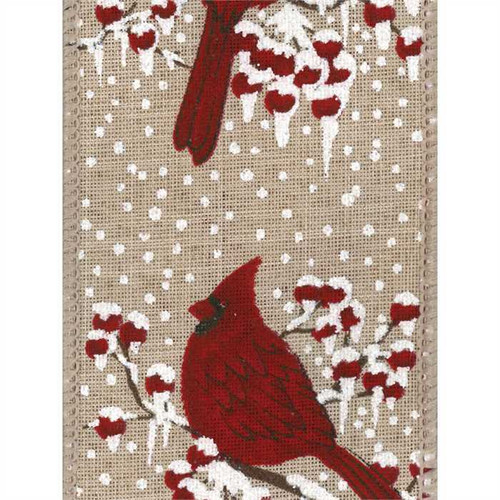 Cardinal Snow Berry on Natural Burlap Weave Cardsnow Wide Wired Ribbon 25yd