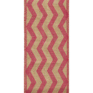 Pink Chevron on Natural Burlap Weave Burzag Wide Wired Ribbon 10 yards