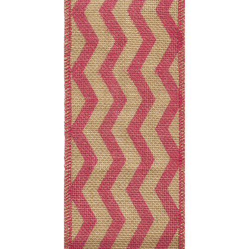 Pink Chevron on Natural Burlap Weave Burzag Wide Wired Ribbon 10 yards