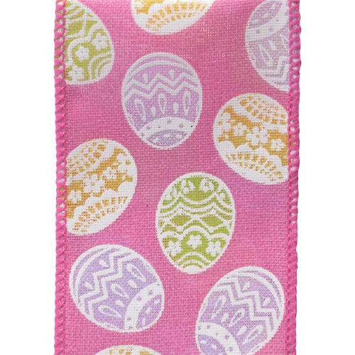 Easter Eggs on Solid Pink Fenella Wide Wired Ribbon 25 yards