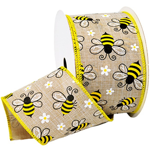 Bumblebee on Natural Burlap Wide Wired Ribbon 25 Yards Morex